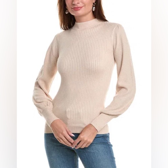 Trina Turk Tom Collins Sweater in Beige Ribbed Knit Crew Neck Sweater size large - Picture 1 of 11